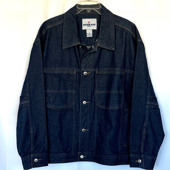 VTG 90s Y2K MENS ANCHOR BLUE DARK WASH OVERSIZED BOXY DENIM JACKET COAT SzL - Picture 1 of 10